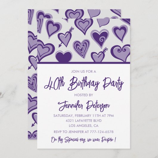 40歳招待状かわいいハート紫 招待状 (正面/裏面)