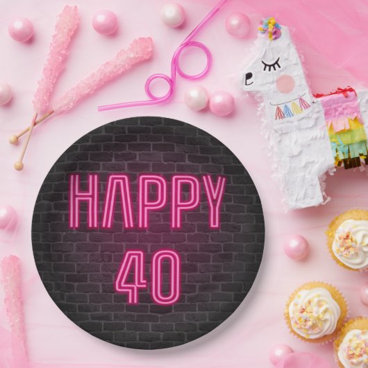 40歳白熱［赤熱］光を放つの誕生日にピンクのネオンため息 ペーパープレート (パーティー)