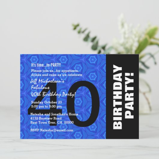 40歳誕生日のパーティー王室の(青と黒) V15 招待状 (スタンド正面)