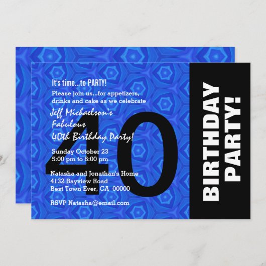 40歳誕生日のパーティー王室の(青と黒) V15 招待状 (正面/裏面)