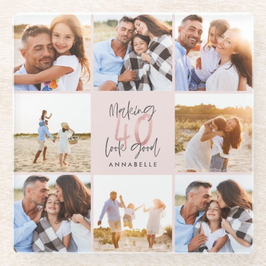 40歳誕生日のピンク色のグリッター写真ガーリーコラージュ ガラスコースター (正面)