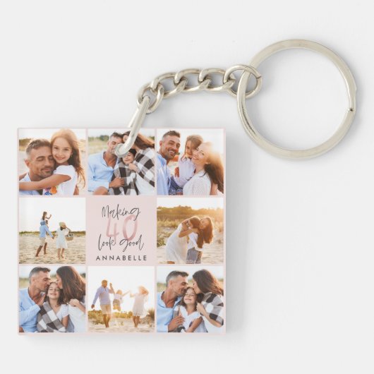 40歳誕生日のピンク色のグリッター写真ガーリーコラージュ キーホルダー (裏面)