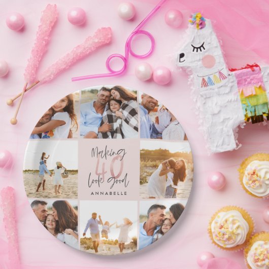 40歳誕生日のピンク色のグリッター写真ガーリーコラージュ  ペーパープレート (パーティー)