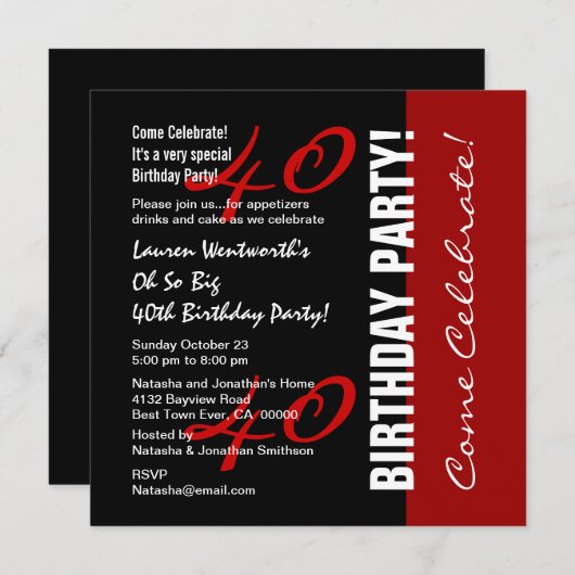40歳誕生日の黒い赤の白い脚エレガント本 招待状 (正面/裏面)