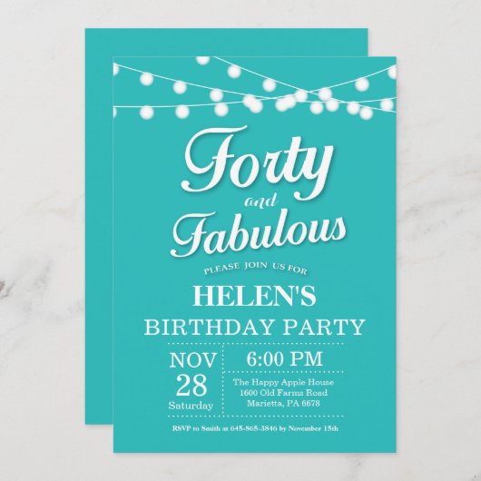 40歳誕生日インビテーションアクアターコイズファボウ 招待状 (正面/裏面)