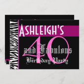 40歳誕生日テンプレート-ゼブラピカスタムンクブラック 招待状 (正面/裏面)