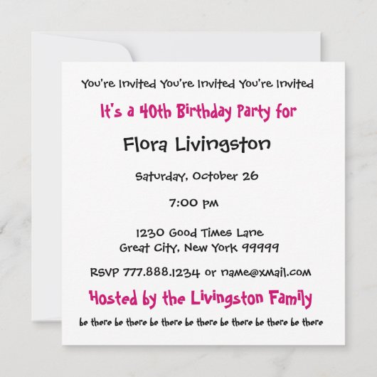 40歳誕生日パーティの招待状テンプレートピンクブラック 招待状 (裏面)