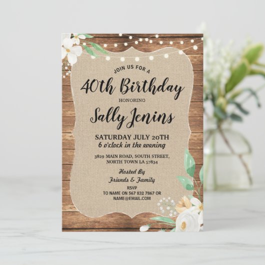 40歳誕生日パーティーフ素朴ラワーフローラ招待状 招待状 (スタンド正面)