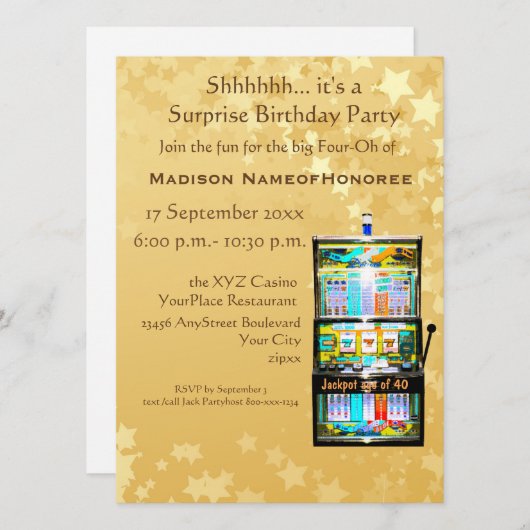 40歳誕生日パーティー金ゴールドカジノスロットマシン 招待状 (正面/裏面)
