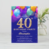 40歳誕生日海軍青と金ゴールドカラフル気球 招待状 (スタンド正面)