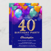 40歳誕生日海軍青と金ゴールドカラフル気球 招待状 (正面/裏面)