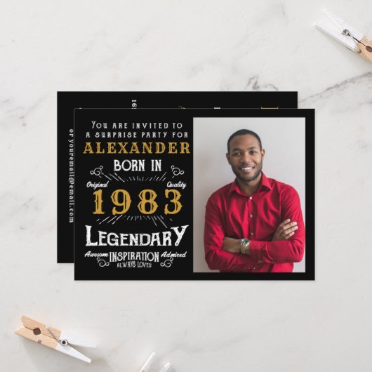 40歳誕生日 1983年生まれ ブラックゴールド レトロ写真 招待状 (正面/裏面インサイチュ)