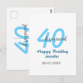 40歳 お誕生日おめでとう 青い太い数字の名前と日付 ポストカード (正面/裏面)