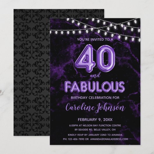 40歳 & ファビュラス パープルバルーン 誕生日招待状 招待状 (正面/裏面)