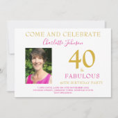 40歳 フォト モダン 40歳の誕生日 ピンク 招待状 (正面)