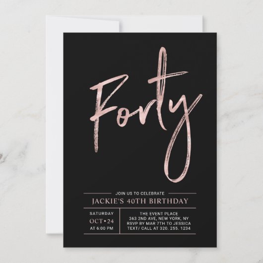 40歳 | モダンブラシ ローズゴールド 40歳の誕生日パーティー 招待状 (正面)