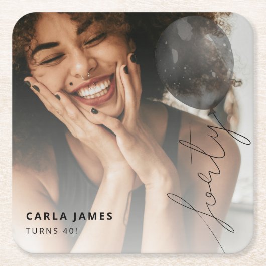 40気球の文字列 | 写真40th Birthdayパーティー スクエアペーパーコースター (正面)