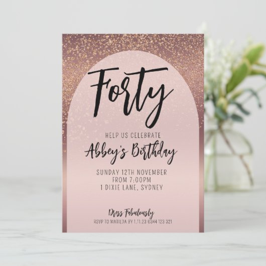 40番目のグリッターバラ金ゴールドフレイクアーチ誕生日招待状 招待状 (スタンド正面)