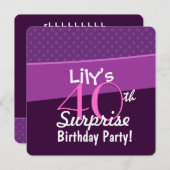 40番目のサプライズ誕生日パープル水玉模様W1677 招待状 (正面/裏面)
