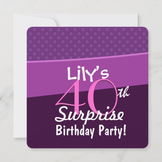 40番目のサプライズ誕生日パープル水玉模様W1677 招待状 (正面)