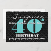 40番目のサプライズ誕生日ブラックターコイズW1858 招待状 (正面/裏面)