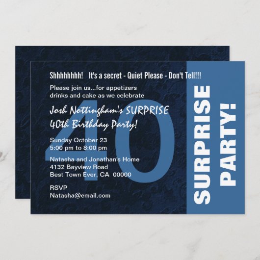 40番目のサプライズ誕生日モダンミッドナイトブルーW1810 招待状 (正面/裏面)