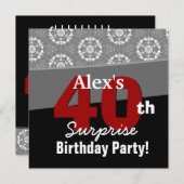 40番目のサプライズ誕生日モダン白黒レッドV13 招待状 (正面/裏面)