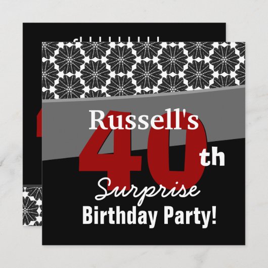 40番目のサプライズ誕生日モダン白黒レッドV34 招待状 (正面/裏面)