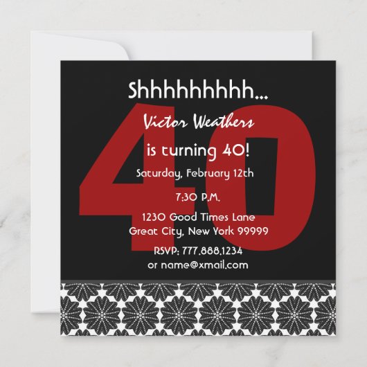 40番目のサプライズ誕生日モダン白黒レッドV34 招待状 (裏面)