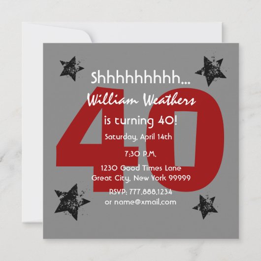 40番目のサプライズ誕生日炭と赤グランジC40 招待状 (裏面)
