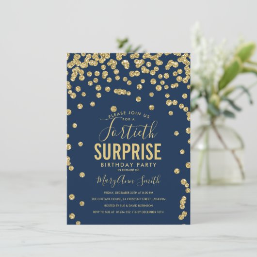 40番目のサプライズ誕生日金ゴールドネイビーブルー 招待状 (スタンド正面)