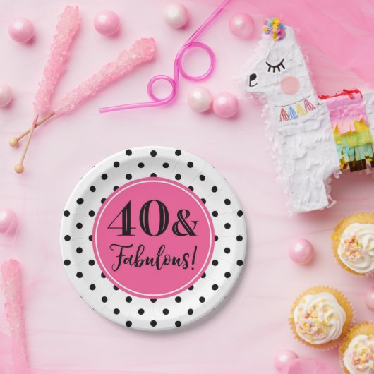 40番目の誕生日パーティーピンク白黒点 ペーパープレート (パーティー)