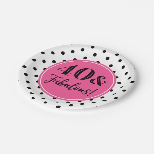 40番目の誕生日パーティーピンク白黒点 ペーパープレート (アングル)