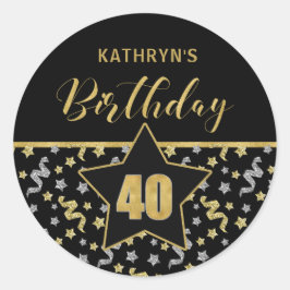 40番目の誕生日ブラックと金ゴールド紙吹雪 ラウンドシール