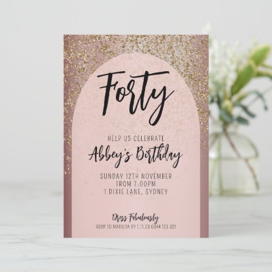 40番目の金ゴールドグリッターアーチ誕生日招待状 招待状 (スタンド正面)