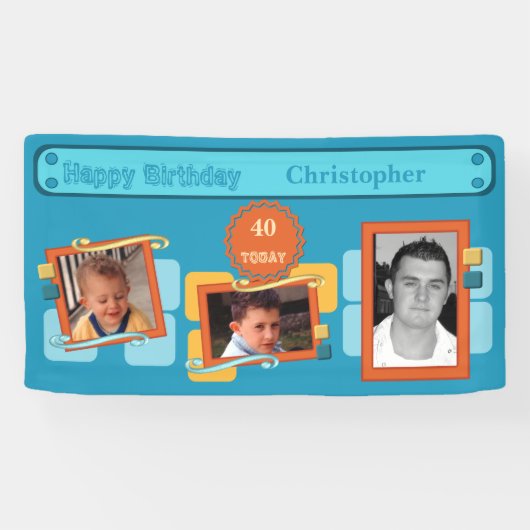 40番目男性への写真の名前を追加青パーティー 横断幕 (横)