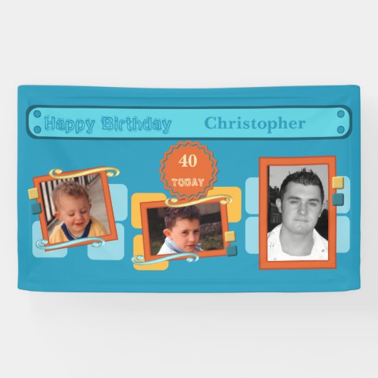 40番目男性への写真の名前を追加青パーティー 横断幕 (横)