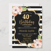 40白黒ストライプピンクフローラ誕生会 招待状 (正面)