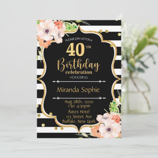 40白黒ストライプピンクフローラ誕生会 招待状 (スタンド正面)