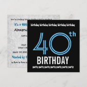 40白黒ブルー誕生日パーティーテンプレート 招待状 (正面/裏面)