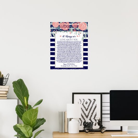 40私たちはあなたについての愛する海軍のストライプピンクのバラ ポスター (ホームオフィス)