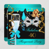 40素晴らしいティール(緑がかった色)ブルー金ゴールドマスカレードパーティー 招待状 (正面/裏面)