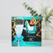 40素晴らしいティール(緑がかった色)ブルー金ゴールド40th誕生日パーティー2 招待状 (スタンド正面)