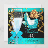 40素晴らしいティール(緑がかった色)ブルー金ゴールド40th誕生日パーティー2 招待状 (正面)