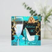 40素晴らしいティール（緑がかった色）ブルー金ゴールド40th誕生日パーティー3 招待状 (スタンド正面)