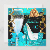 40素晴らしいティール（緑がかった色）ブルー金ゴールド40th誕生日パーティー3 招待状 (正面)