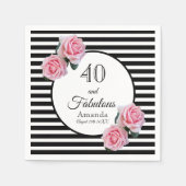40素晴らしいピンクのバラの白黒ストライプ名 スタンダードカクテルナプキン (正面)