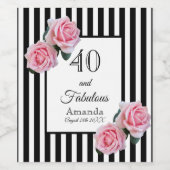 40素晴らしいピンクのバラの白黒ストライプ誕生日 ワインラベル (シングルラベル)