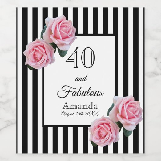 40素晴らしいピンクのバラの白黒ストライプ誕生日 ワインラベル (シングルラベル)