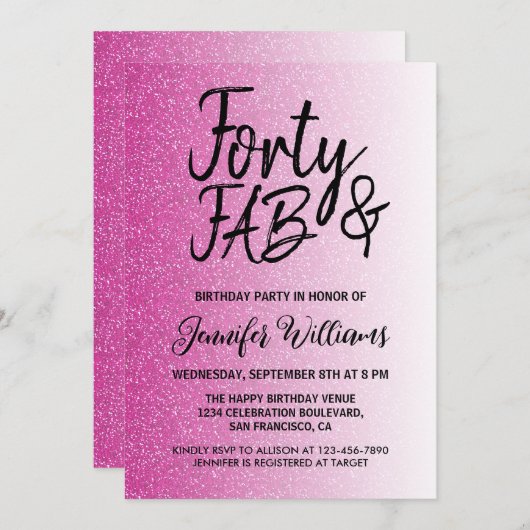 40素晴らしいホットピンクグリッター40歳の誕生日 招待状 (正面/裏面)
